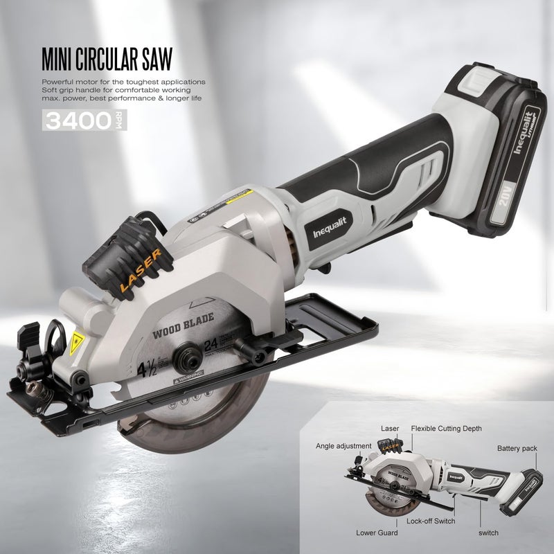 Inequalit Cordless Mini Circular Saw, 4-1/2 Inch 3400 RPM Circular Saw with Laser Guide, Rip Guides, 2 Blades (24T Wood + 60T Metal), Max Cutting Depth 1-11/16" (90°), 1-1/8" (45°)" - Image 2